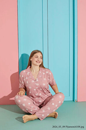 Pijamoni Büyük Beden Milan Kumaş Önü Düğmeli Pudra Pijama Takımı-7560