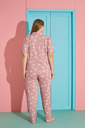 Pijamoni Büyük Beden Milan Kumaş Önü Düğmeli Pudra Pijama Takımı-7560