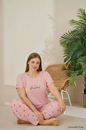 Pijamoni Polyviskon Büyük Beden Somon Pijama Takımı - 7340