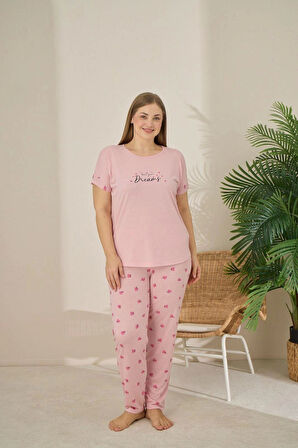 Pijamoni Polyviskon Büyük Beden Somon Pijama Takımı - 7340
