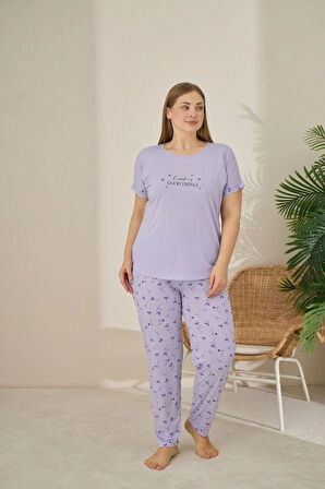 Pijamoni Polyviskon Büyük Beden A. Lila Pijama Takımı - 7340