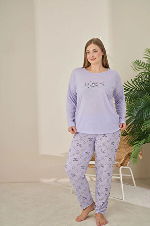 Pijamoni Büyük Beden Viskon Kumaş Uzun Kollu Lila Pijama Takımı -7330