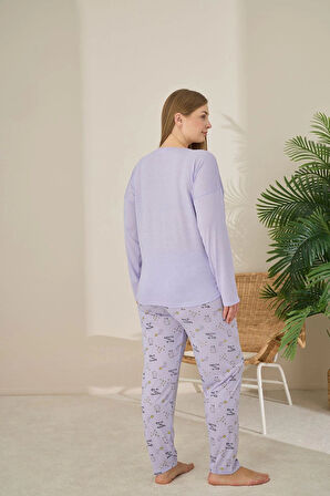 Pijamoni Büyük Beden Viskon Kumaş Uzun Kollu Lila Pijama Takımı -7330