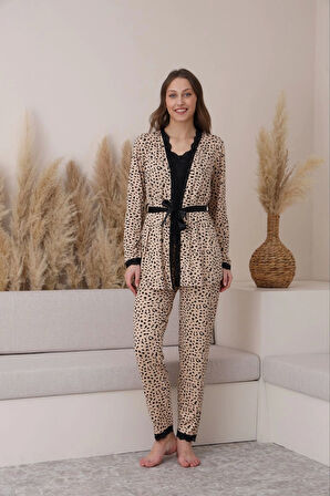 Pijamoni Milan Kumaş Leopar Desenli 3'lü Pijama Takımı -7571