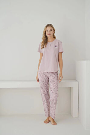 Pijamoni Süprem Kumaş Düğmeli Yaka Kısa Kollu Pembe Pijama Takımı - 2552