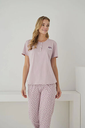 Pijamoni Süprem Kumaş Düğmeli Yaka Kısa Kollu Pembe Pijama Takımı - 2552