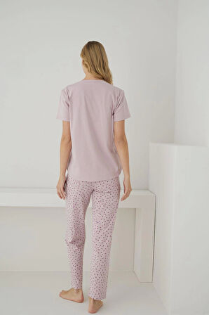 Pijamoni Süprem Kumaş Düğmeli Yaka Kısa Kollu Pembe Pijama Takımı - 2552