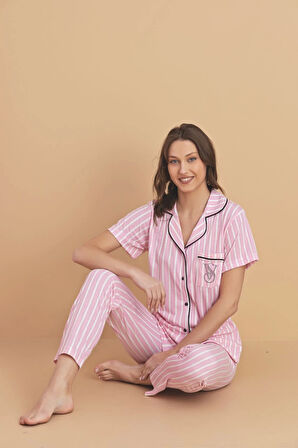 Pijamerry Viskon Kumaş Gömlek Yaka A. Pembe Çizgili Kadın Pijama Takımı - 5820