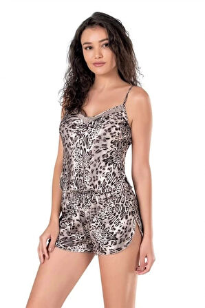 Primoda Leopar Desenli Saten Kumaş Babydoll Şort Takımı