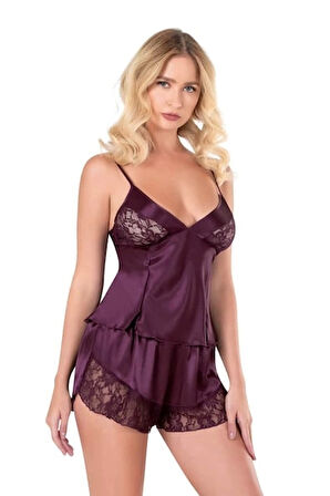 Primoda Mürdüm Saten Kumaş Tül Detaylı Babydoll Şort Takımı