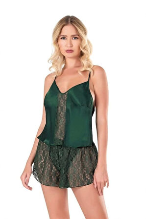 Primoda Yeşil Saten Kumaş Tül Detaylı Babydoll Şort Takımı
