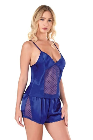 Primoda Saks Mavisi Saten Kumaş Tül Detaylı Babydoll Şort Takımı