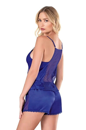 Primoda Saks Mavisi Saten Kumaş Tül Detaylı Babydoll Şort Takımı
