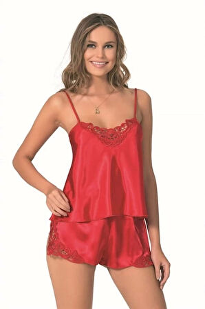 Primoda Kırmızı Saten Kumaş Askılı Babydoll Şort Takımı