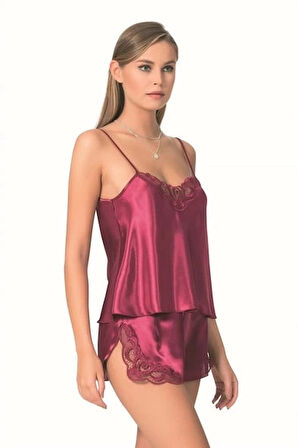 Primoda Bordo Saten Kumaş Askılı Babydoll Şort Takımı
