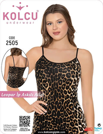 Kolcu Kadın Geniş Leopar Desenli Likralı İnce İp Askılı Premium Atlet