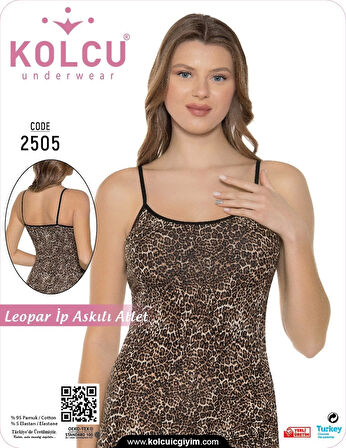 Kolcu Kadın İnce Leopar Desenli Likralı İnce İp Askılı Premium Atlet
