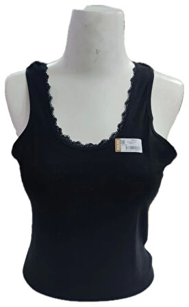 Kolcu Geniş Askılı Dantel Detaylı Kadın Atlet - Siyah