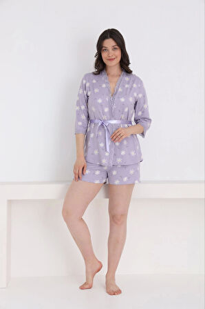 Pijamoni Kadın Milan Kumaş Sabahlıklı Dantel Detaylı Şortlu 3'lü Papatya Desenli Kadın Pijama Takımı - 7555
