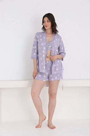 Pijamoni Kadın Milan Kumaş Sabahlıklı Dantel Detaylı Şortlu 3'lü Papatya Desenli Kadın Pijama Takımı - 7555