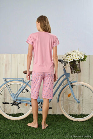 Pijamoni Kadın Yuvarlak Yaka Kapri Pembe Pijama Takımı - 7320