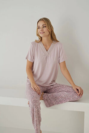 Pijamoni Kadın Ring Viskon Kumaş V Yaka Kısa Kollu Pijama Takımı - 9565