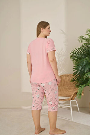 Pijamoni Polyviskon Kumaş Büyük Beden Pembe Pijama Takımı - 7345