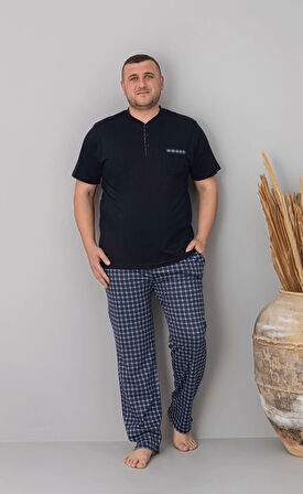 Pijamoni Erkek Büyük Beden Altı Ekose Desenli Siyah Pijama Takımı - 6760