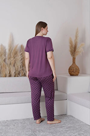 Pijamoni Büyük Beden Milan Kumaş Sıfır Yaka Kısa Kollu Puantiyeli Mor Kadın Pijama Takımı-7665