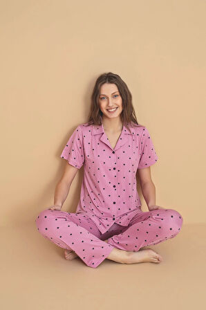 Pijamerry Kadın Milan Kumaş Gömlek Yaka Puantiyeli Pembe Pijama Takımı