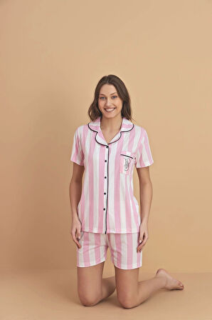 Pijamerry Viskon Kumaş Gömlek Yaka Şortlu Kadın Pembe Çizgili Pijama Takımı