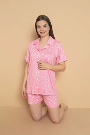 Pijamerry Milan Kumaş Gömlek Yaka Şortlu Kadın Pembe Pijama Takımı