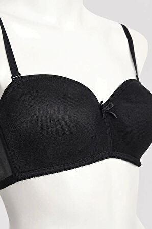 Belvü Mesh Kumaş İçi Boş Straplez Kadın Siyah Sütyen - 1220