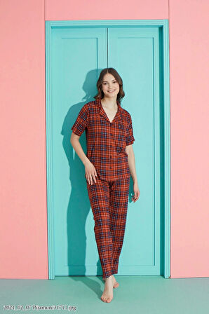 Pijamoni Kadın E. Kırmızı Milan Kumaş Önden Düğmeli Gömlek Yaka Pijama Takımı – 7515