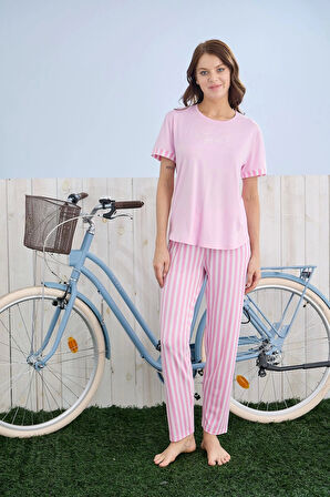 Pijamoni Milan Kumaş Çizgili Pembe Pijama Takımı - 7605