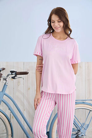 Pijamoni Milan Kumaş Çizgili Pembe Pijama Takımı - 7605