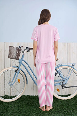 Pijamoni Milan Kumaş Çizgili Pembe Pijama Takımı - 7605