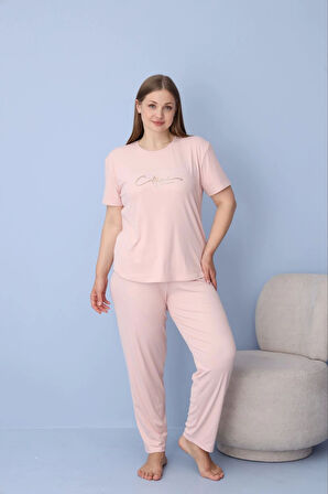 Pijamoni Kadın Büyük Beden Somon Renk Kısa Kollu Dublin Kumaş Pijama Takımı – 5425