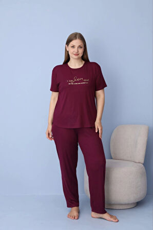 Pijamoni Kadın Büyük Beden Mürdüm Kısa Kollu Dublin Kumaş Pijama Takımı – 5425
