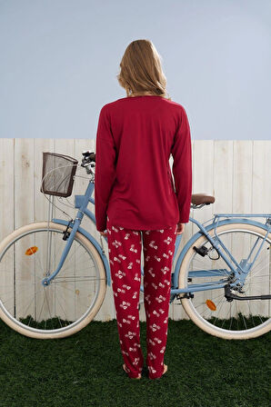 Pijamoni Kadın Milan Kumaş Bisiklet Yaka Pijama Takımı - Bordo