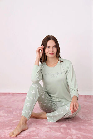 Pijamoni Kadın Milan Kumaş Bisiklet Yaka Pijama Takımı - Su Yeşili