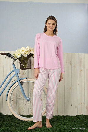 Pijamoni Kadın Milan Kumaş Bisiklet Yaka Pembe Pijama Takımı - 7600