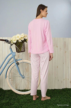 Pijamoni Kadın Milan Kumaş Bisiklet Yaka Pembe Pijama Takımı - 7600