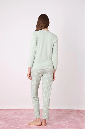 Pijamoni Kadın Milan Kumaş Bisiklet Yaka Su Yeşili Pijama Takımı - 7600