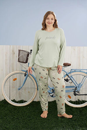 Pijamoni Kadın Büyük Beden Milan Kumaş Bisiklet Yaka Su Yeşili Pijama Takımı - 7666