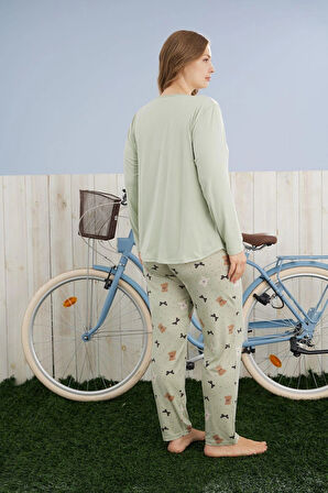 Pijamoni Kadın Büyük Beden Milan Kumaş Bisiklet Yaka Su Yeşili Pijama Takımı - 7666