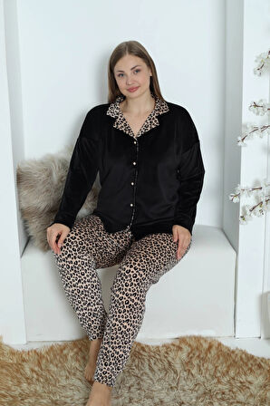 Pijamoni Büyük Beden Önü Düğmeli Fransız Kadife Kumaşı Leopar Pijama Takımı -7155