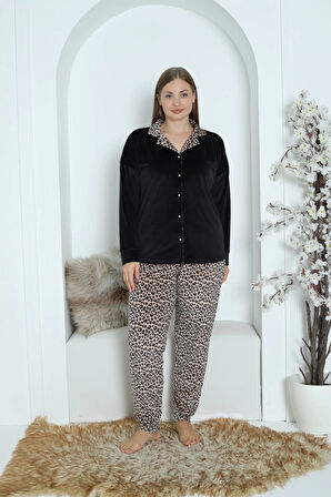 Pijamoni Büyük Beden Önü Düğmeli Fransız Kadife Kumaşı Leopar Pijama Takımı -7155