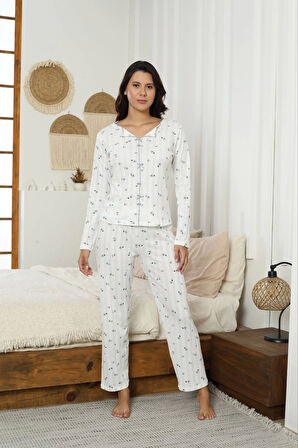 Pijamoni Kadın Ribana Kumaş Beyaz Desenli Pijama Takımı - 9600