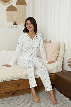 Pijamoni Kadın Ribana Kumaş Beyaz Desenli Pijama Takımı - 9600